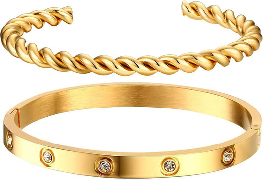 MPRAINBOW Gold Bracelets for Women, 2Pcs 18K Gold Plated Cubic Zirconia Bangle Crystal Friendship Bracelet Jewelry,Wedding Party Christmas Birthday Gifts for Her Girlfriend Sister Daughter