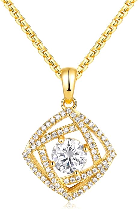 D Color 0.53ct/1.24ct/1.72ct/1.2ct Moissanite Necklace for Women Men, 925 Sterling Silver Chunky Circle/Triangle/Square Pendant, Birthday Christmas Valentines Jewelry, 16-20 Inch Box Chain Adjustable