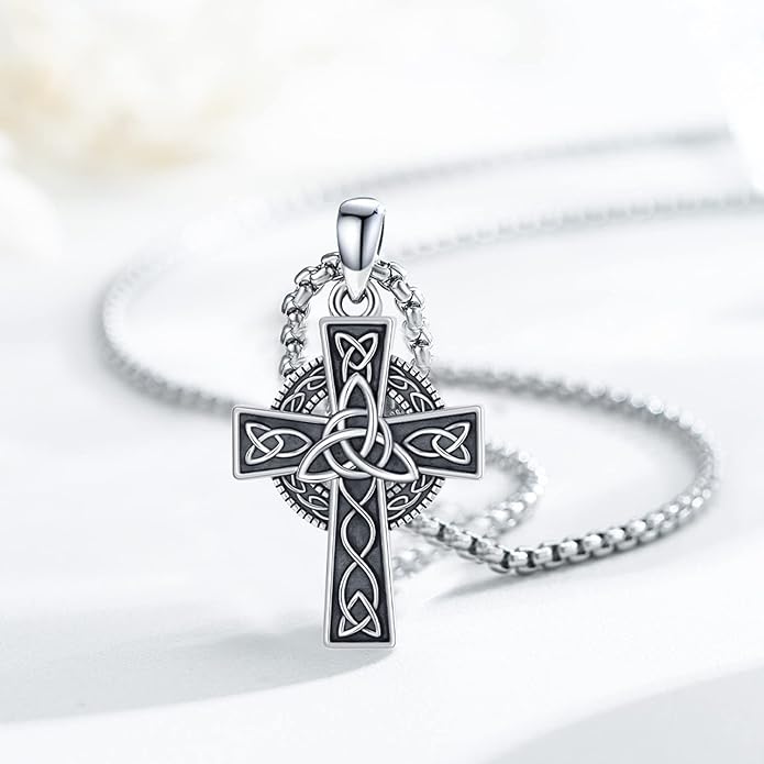 Midir&Etain Celtic Cross Necklace 925 Sterling Silver Cross Pendant Necklace Celtic Viking Irish Jewelry Religious Protective Gift for Men Women