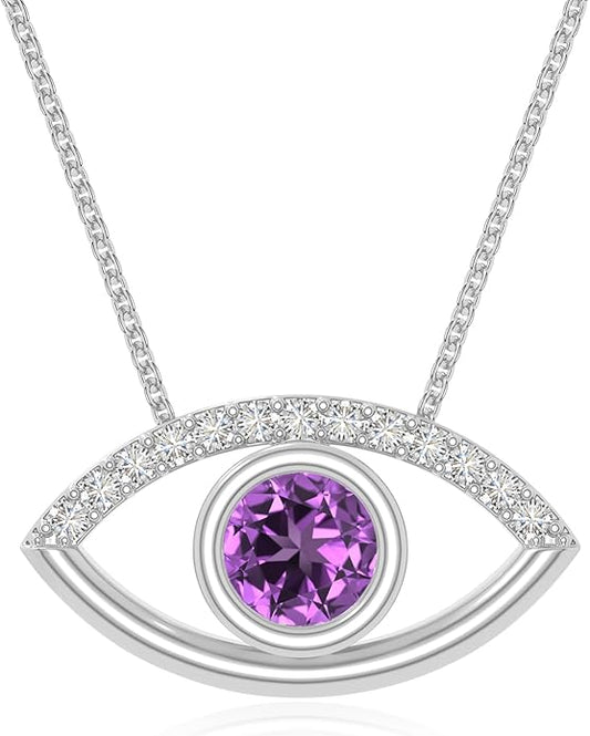 Natural Gemstone with Moissanite Evil Eye Pendant Necklaces for Women in Silver/18K Yellow/Rose Gold Vermeil,Birthstone Jewelry Gifts for Her Birthday,Anniversary, Graduation
