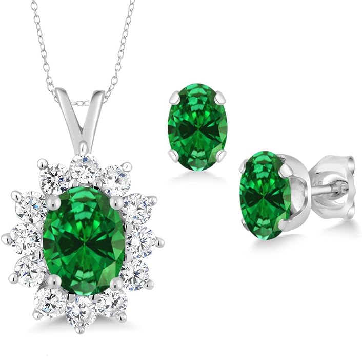 Gem Stone King 8X6MM and 6X4MM Oval Gemstone Birthstone Pendant and Earrings Jewelry Set For Women | 925 Sterling Silver | Fine Jewelry Gifts for Her Mom Women Wife | With 18 Inch Chain