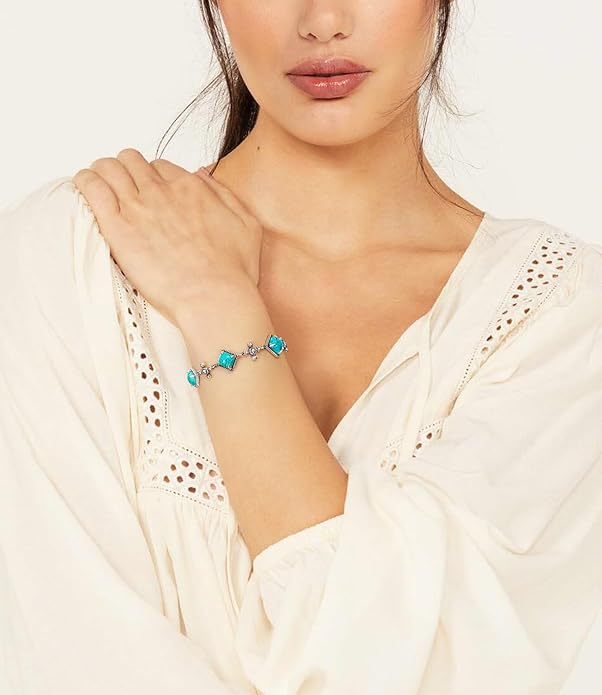 Genuine Square Turquoise Bracelets for Women 925 Sterling Silver Adjustable Real Gemstone Southwest Boho Cross Jewelry for Her 6 to 8 Inch