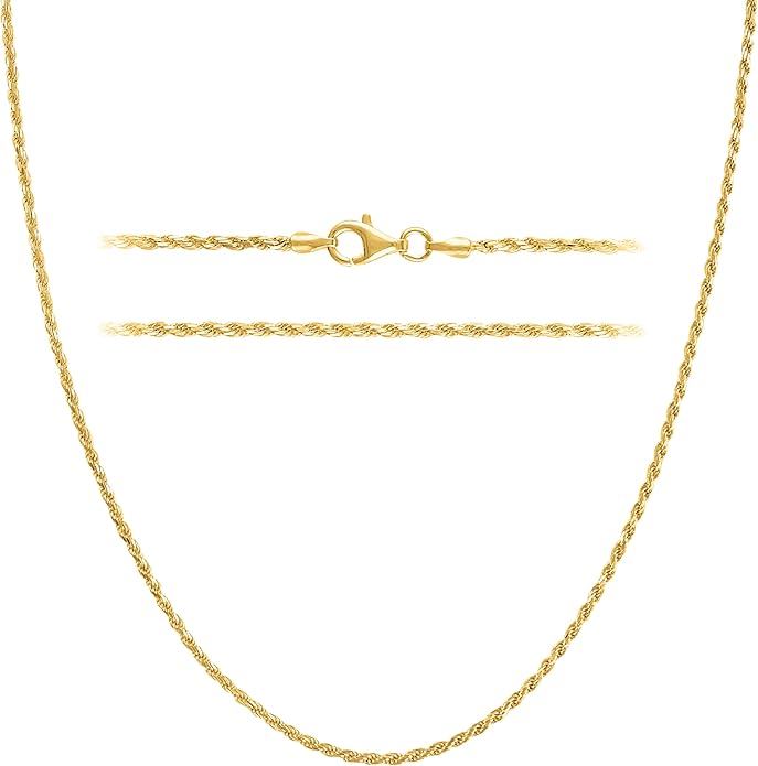 KISPER Solid 18K Gold Over 925 Sterling Silver Italian Diamond-Cut 1.5mm Braided Rope Chain Necklace - for Men & Women with Lobster Clasp - Made in Italy