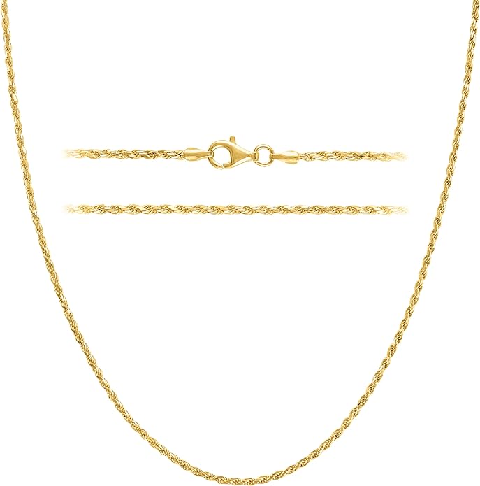 KISPER Solid 18K Gold Over 925 Sterling Silver Italian Diamond-Cut 1.5mm Braided Rope Chain Necklace - for Men & Women with Lobster Clasp - Made in Italy