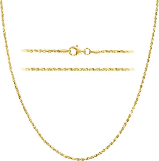 KISPER Solid 18K Gold Over 925 Sterling Silver Italian Diamond-Cut 1.5mm Braided Rope Chain Necklace - for Men & Women with Lobster Clasp - Made in Italy