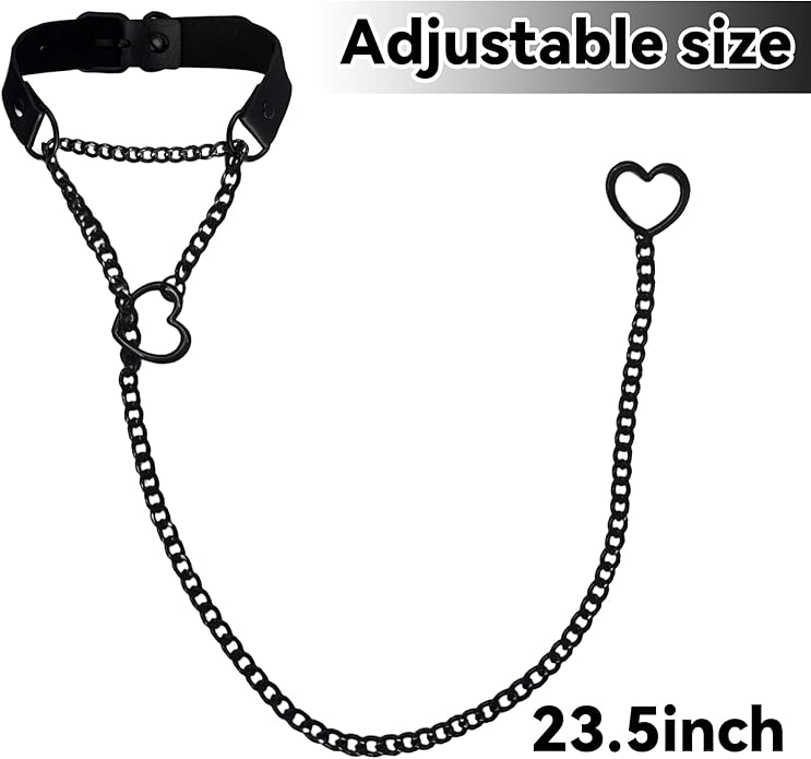 Handmade Black Heart Choker Collar For Women - Gothic Punk O-Ring Choker Necklace with Adjustable Vegan Leather Strap, Edgy Slip Chain