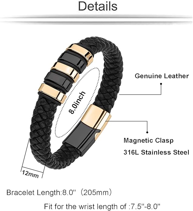 Leather Bracelet for Men Braided Cuff Wristband Stainless Steel Clasp in Silver and Gold Jewellery Gift