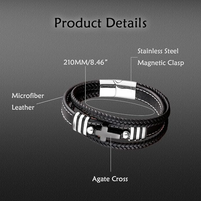 Cross Leather Bracelet For Men Multilayer Braided Memorial Wristband Bangle Stainless Steel Buckle Religious Activities Holiday Gifts