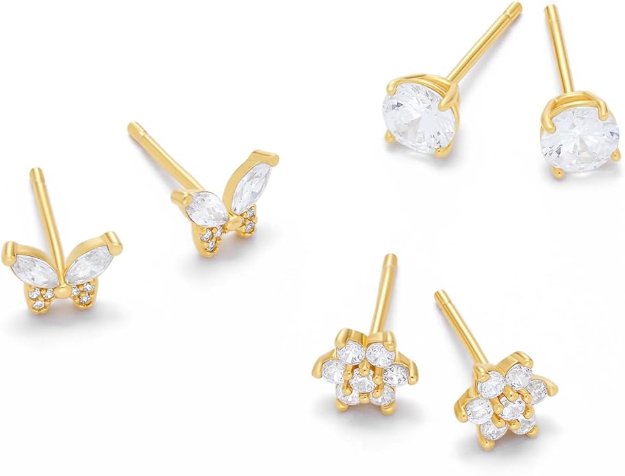 Amazon Essentials Plated Cubic Zirconia Butterfly and Flower Earring Set
