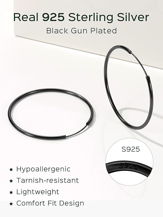 ChicSilver Hypoallergenic 925 Sterling Silver Hoop Earrings for Women, Lightweight Large Gold Plated Hoop Earrings, Endless Hoops Earring 20/30/40/50/60/70MM