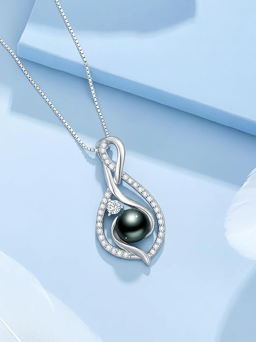 KANNSOAR Tahitian Black Pearl 18K White Gold Plated Sterling Silver Heart/Infinity/Four Leaf Clover Pendant Necklace Jewelry Gifts for Women Wife Mom Girlfriend Wedding Birthday Anniversary Christmas