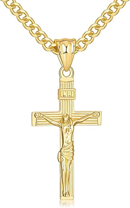 Gold Cross Necklace for Men 14K Gold Cross Necklace for Men Crosses Chain Necklaces for Mens Paired with 4.3mm Cuban Chain Crucifix Pendant Mens Crosses Necklaces 20/22/24in