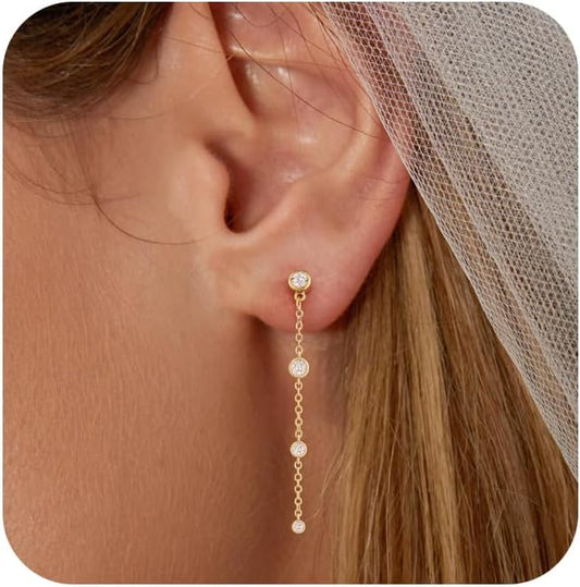 Gold Earrings for Women,Dainty 14k Gold Plated Pearl Drop Earring Dangle Pearl Dangling Earrings for Women Trendy Small Cute Wedding CZ Earring Long Chain Threader Prom Jewelry Gifts