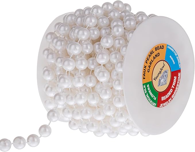 YoungJewl 10mm Pearl Strands,9 Yds of White Fake Beads Garland Spool Roll with String Pearls for Crafting,Wedding Party,Christmas Tree Decoration.