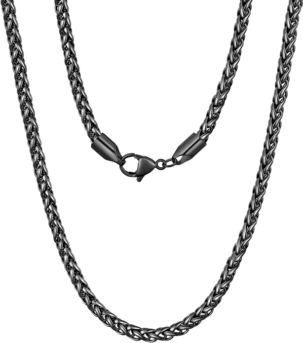 Fiusem Wheat Chains for Men and Women, 2/2.5/3/4/5mm Silver Tone/14K Gold Plated/Black Necklace Chain, Stainless Steel Mens Necklace 16-28 Inch