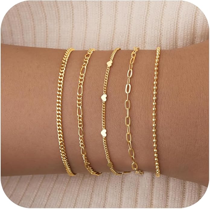 Gold Bracelets for Women Non Tainish,Dainty Bracelets Stack for Women Trendy, Gold Plated Cuff Bracelets Stack With Beaded Cuban Paperclip Snake Rope Bangle Hand Chain Jewelry Gifts for Women