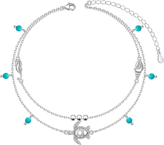 FLYOW Anklet for Women S925 Sterling Silver Adjustable Foot Beaded Heart Charm Ankle Bracelet Anklets Jewelry