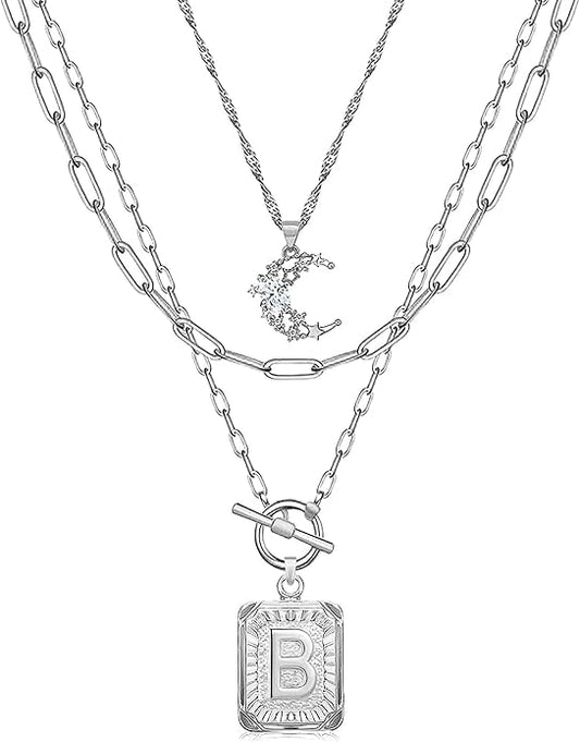 MJartoria Layered Initial Necklaces for Women Trendy, 14K Gold Plated Brass Simple Moon Choker Square Letter Pendant Necklace, Paperclip Chain Necklaces Jewelry Gifts