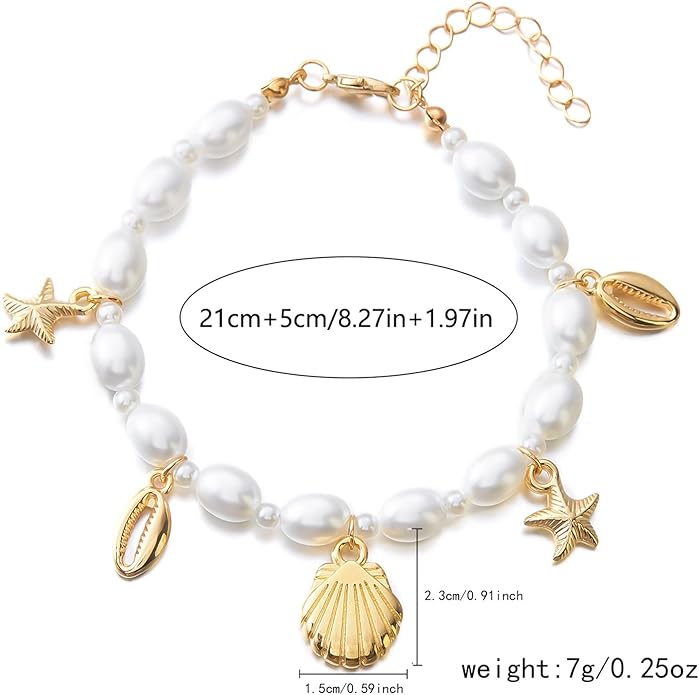 Shell Ankle Bracelet Set for Women, Gold Plated Boho Bead Adjustable Anklet, Hawaiian Beach Seashell Pearl Heart Starfish Conch Foot Jewelry Gifts