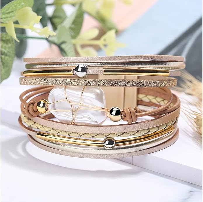 Fesciory Leopard Bracelet for Women, Boho Leather Wrap Multi-Layer Pearl Crystal Bracelet Bangle Jewelry