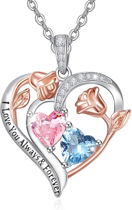 Zeuslia Double Birthstone Necklace Gifts for Wife - 925 Sterling Silver Sunflower/Rose/Crown Cross/Compass/Heart Pendant I Love You Necklace, Anniversary Birthday Gifts for Wife Girlfriend Mom Her