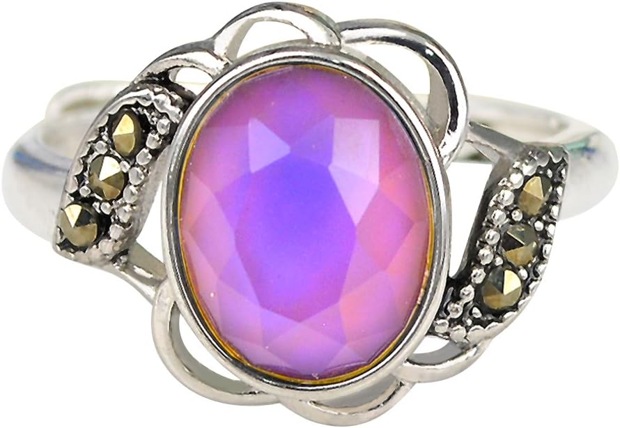 Vintage Style Flower Multi Color Change Oval Facet Crystal Stone Brass Mood Ring Size Adjustable For Women