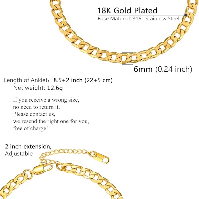 PROSTEEL Stainless Steel Chain Anklets for Women, Silver/Gold Tone, Ankle Bracelets Hypoallergenic, 8-10.5 Inch Adjustable, Come with Box