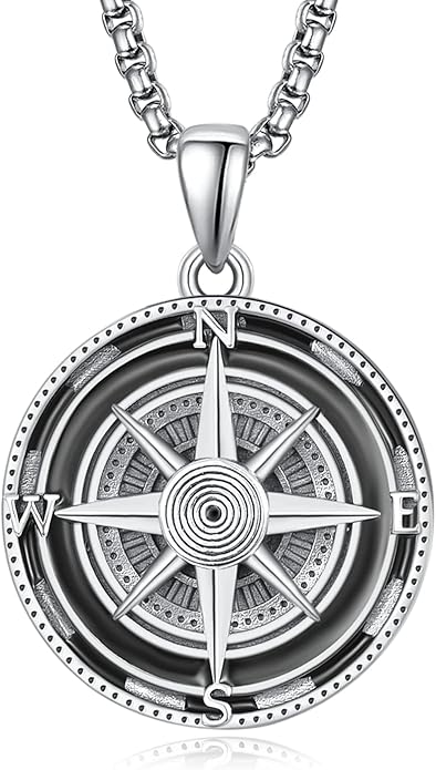 KINGWHYTE Compass Necklace for Men 925 Sterling Silver Birthday Gifts Graduation Travel Jewelry for Husband Brother with Stainless Steel Chain