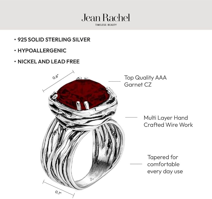 JEAN RACHEL JEWELRY 925 Sterling Silver Ring - Wrap Vintage Design with Cushion Shaped Cubic Zirconia - Hypoallergenic, Lead & Nickel Free - Artisan Handcrafted Statement Rings for Women