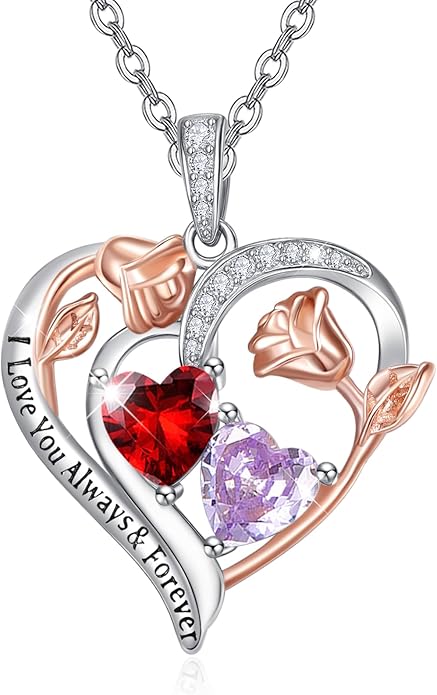 Zeuslia Double Birthstone Necklace Gifts for Wife - 925 Sterling Silver Sunflower/Rose/Crown Cross/Compass/Heart Pendant I Love You Necklace, Anniversary Birthday Gifts for Wife Girlfriend Mom Her