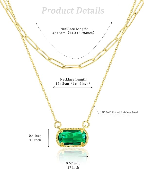 Lourny Gemstone Birthstone Pendant Layered Necklace for Women Trendy, 18K Gold Plated Paperclip Chain Preppy Choker Charm Necklace for Women Wife Jewelry
