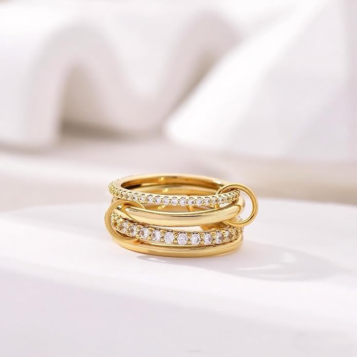 Canboer 14K Gold Plated Interlocked Stackable Rings for Women Non Tarnish,Gold and Silver Cubic Zirconia Statement Rings Set,Mixed Metals Ring Two-Toned Connected Bands Stacking Jewelry