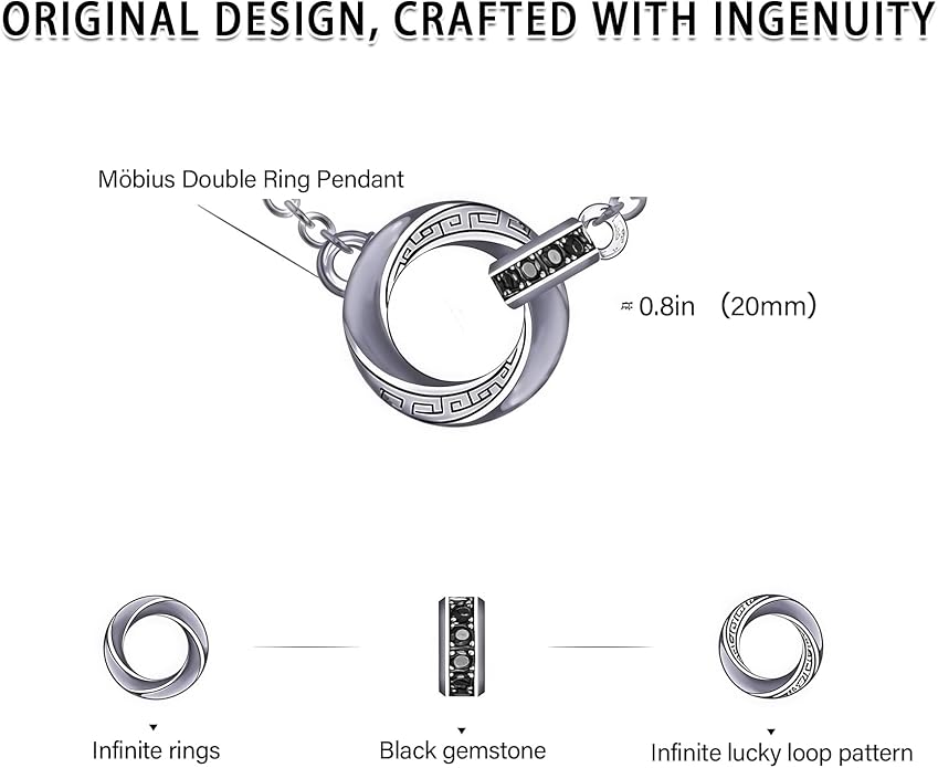 BRAYEG Möbius Strip Men's Necklace, Double Ring Black Onyx Pendant Necklace for Men, Silver Interlocking Circle Mens Necklaces holiday,Jewelry Gift for Him Boyfriend Husband (22+2Inchs)