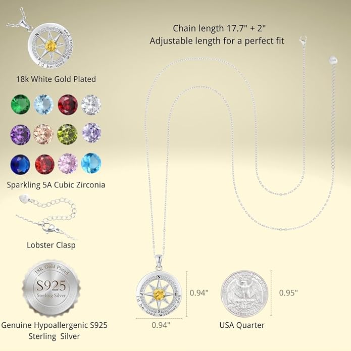 Compass Necklace for Women Wife Girlfriend Mom Daughter Gifts S925 Silver Jewelry For Anniversary Rose Gold Gifts For Birthday Christmas Mothers Valentines Day 12 Birthstones