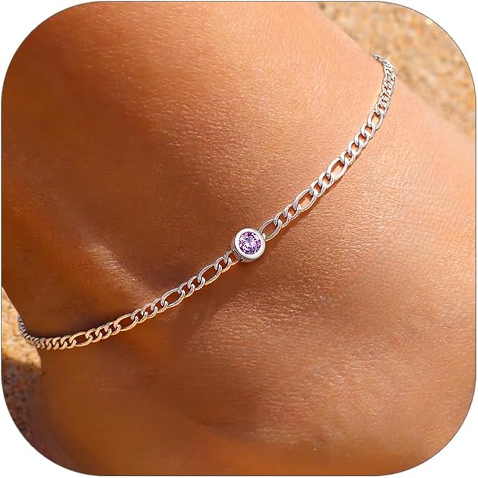ChicSilver Sterling Silver Anklets Bracelets for Women, Figaro Chain Heart/Round Birthstone Anklet for Women Waterproof, Dainty Herringbone Ankle Bracelet Summer Beach jewelry