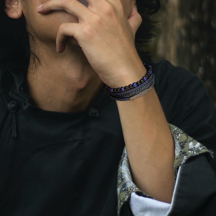 Mens Tiger Eye Matee Black Onyx Lava Rock Volcanic Stone Beaded Bracelet, Black Braided Leather Bracelet for Men