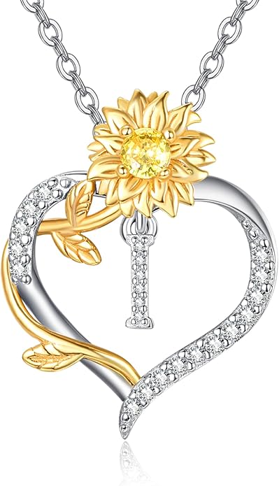 AENEAS Sunflower Initial Necklace for Women Gold Plated Sterling Silver Letter Heart Pendant Jewelry Gift for Mom Wife Birthday Anniversary Christmas