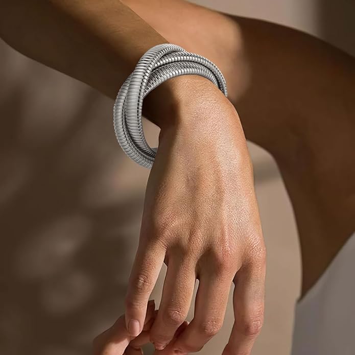 Emibele Gold Bangles Bracelet Set for Women, 18K Gold Plated Chunky Stainless Steel Non Tarnish Stretch Bracelet Stack, Flexible Wide Wristband Bangle Layered Snake Chain Bracelets