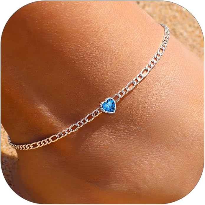 ChicSilver Sterling Silver Anklets Bracelets for Women, Figaro Chain Heart/Round Birthstone Anklet for Women Waterproof, Dainty Herringbone Ankle Bracelet Summer Beach jewelry