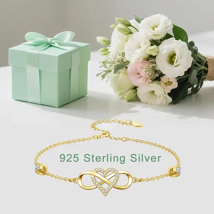 Dorunmo Infinity Bracelet Mom Bracelet 925 Sterling Silver 14K Gold Plated Infinity Heart Anklet for Women Christmas Jewelry Gifts for Wife Mom Daughter