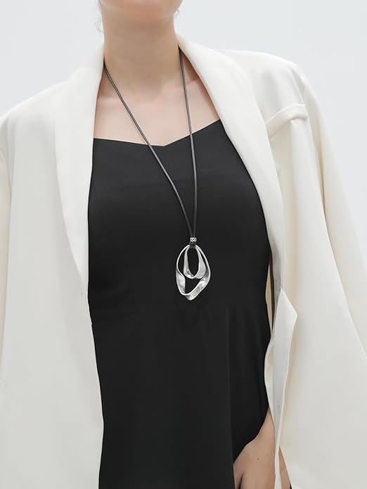 Long Boho Necklaces for Women Vintage Leather Wooden Pendant Y Choker Ethnic Style Gold Circle Hippie Sweater Necklace