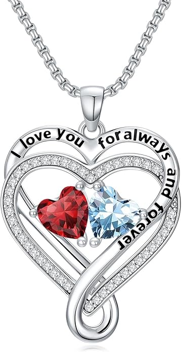 I Love You for Awlays and Forever Double Heart Necklace with Birthstone, 2 Birth Stone Jewelry Anniversary Valentines Mothers Day Christmas Birthday Gifts for Women Her Wife Girlfriend Mom Mother