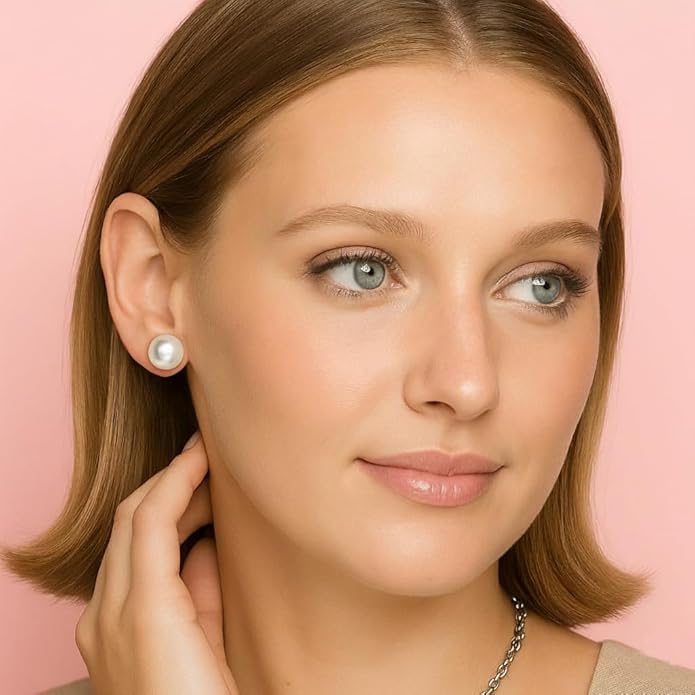KEZEF Freshwater Pearl Stud Earrings for Women – AAA Quality Cultured Pearls on 925 Sterling Silver Post Rhodium or 14K Gold Plated, Sizes 6‑11 mm