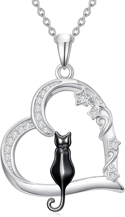 Cat Gifts for Women 925 Sterling Silver Heart Moon Cat Necklace Pendant Women Jewelry Halloween Christmas Gifts