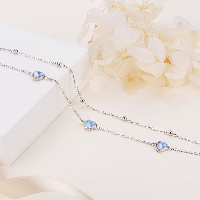 FLYOW Anklet for Women S925 Sterling Silver Adjustable Foot Beaded Heart Charm Ankle Bracelet Anklets Jewelry