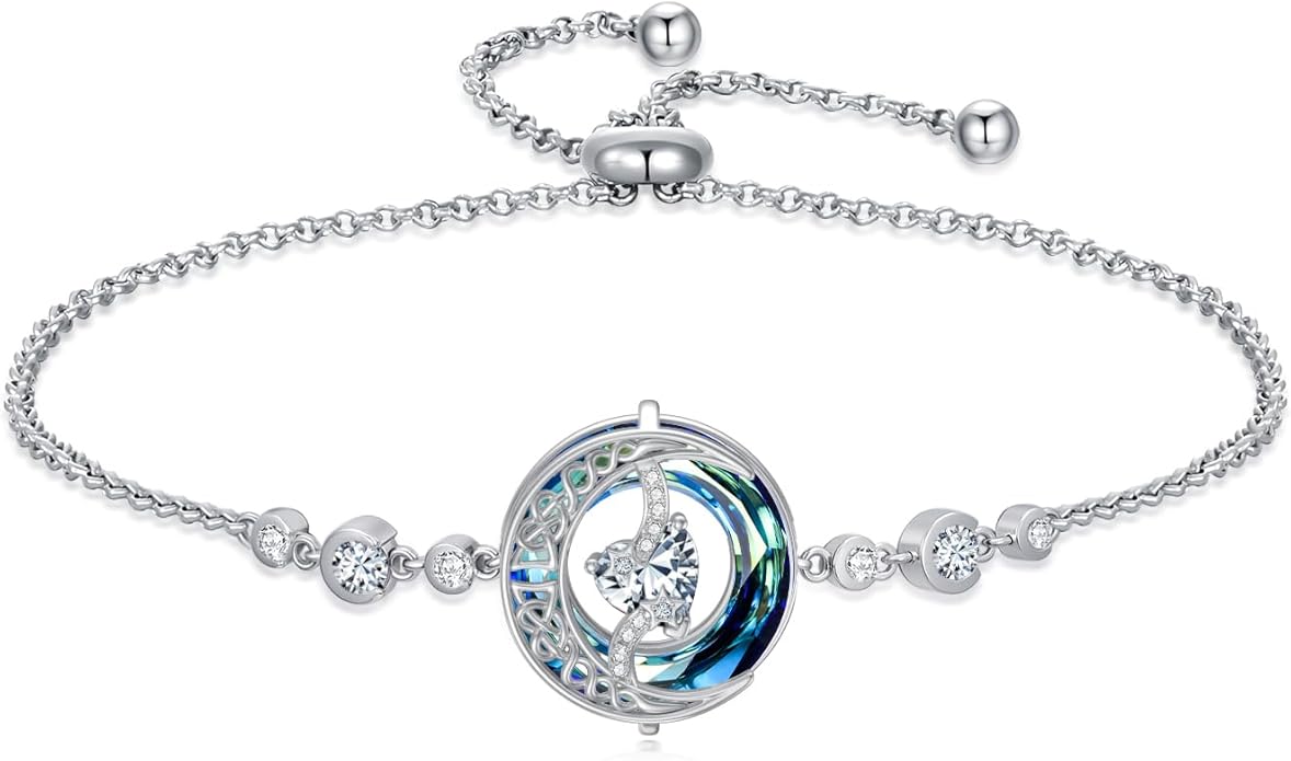 TOUPOP Birthstone Bracelet Moon and Star Bracelet 925 Sterling Silver Blue Crystal Jewelry Birthday Christmas Gifts for Women