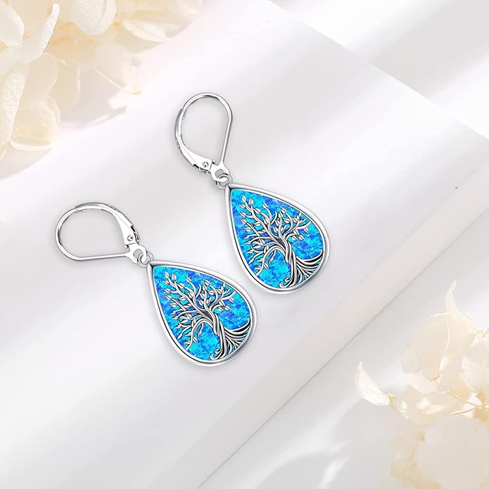 Sterling Silver Tree of Life/Flower/Bee/Animals/Cat/Hummingbird Dangle Earrings Moonstone Turquoise Drop Leverback Earrings Jewelry Gifts