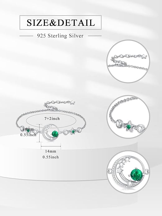 Moon and Star Birthstone Charm Link Bracelet 925 Sterling Silver Moon and Star Bracelet with 12 Months Birthstone Birthday Jewelry Gifts for Women Mom Her,Chain Length 7"+2" Extend