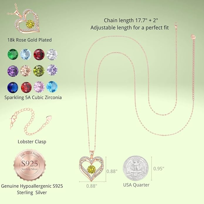 Birthstone Heart Necklace for Women Wife Girlfriend Mom Daughter Gifts S925 Silver Jewelry For Anniversary Rose Gold Gifts For Birthday Christmas Mothers Valentines Day