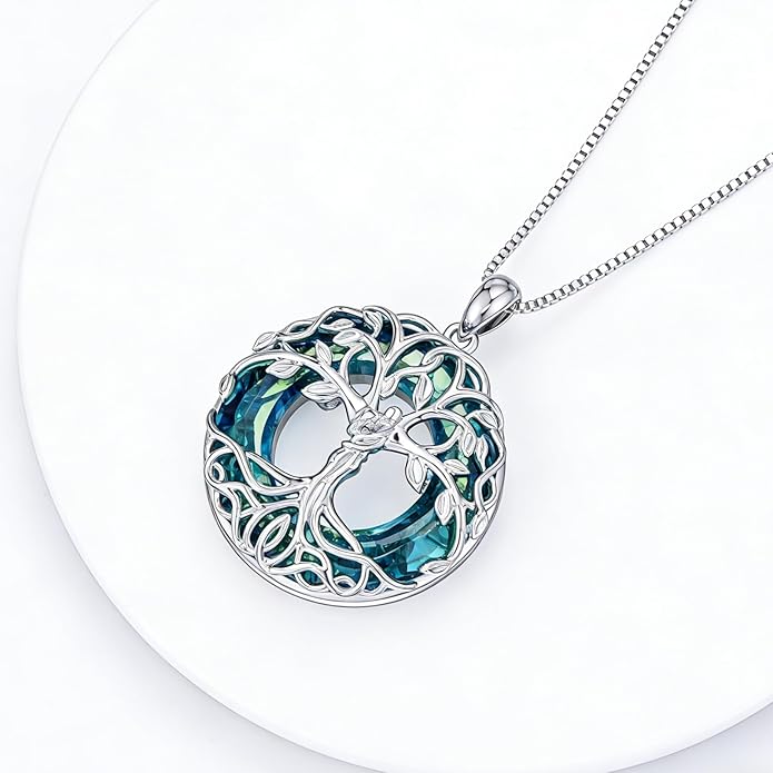 HOTIE Tree of Life Crystal Necklace for Women Sterling Silver Couples Hug Tree Pendant Necklaces Gifts for Wife Anniversary Birthday Christmas